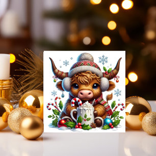 Highland Cow with Hot Cocoa Holiday Card