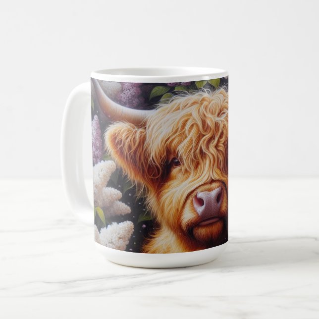 Highland Cow with Lilac Flowers Coffee Mug (Front Left)