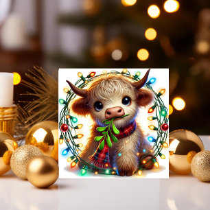 Highland Cow with Mistletoe and Holiday Lights Card
