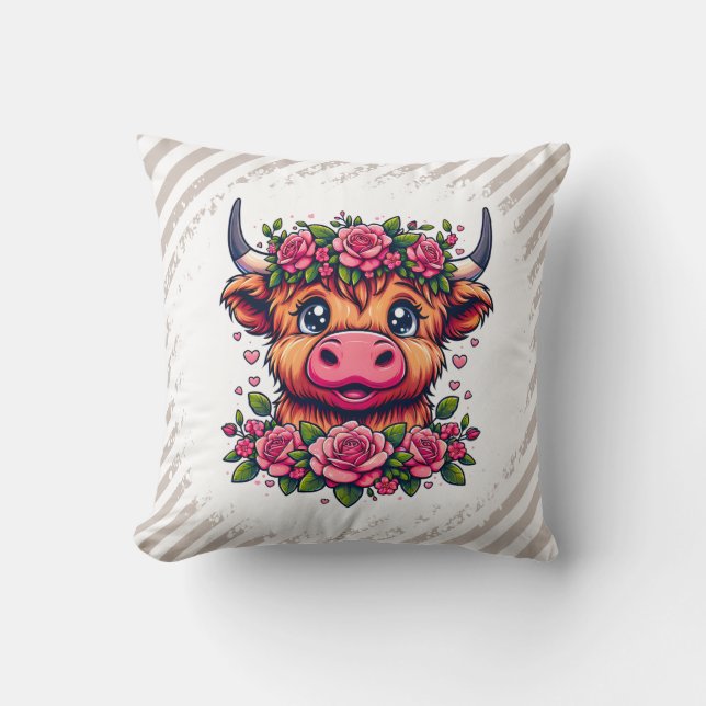 Highland Cow with Rose Crown Cushion (Front)