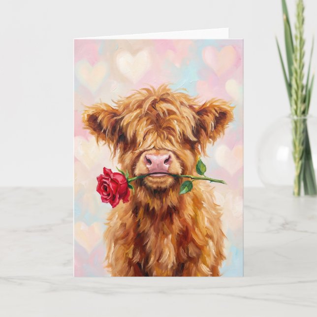 Highland Cow with Rose - Cute Valentine Animal  Holiday Card (Front)