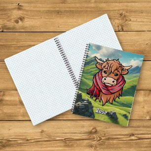 Highland Cow with Rose Tartan Scarf Notebook