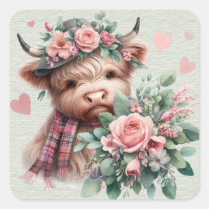 Highland Cow With Roses Headress Bouquet Valentine Square Sticker