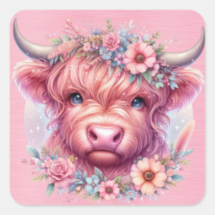 Highland Cow With Roses Headress  Square Sticker