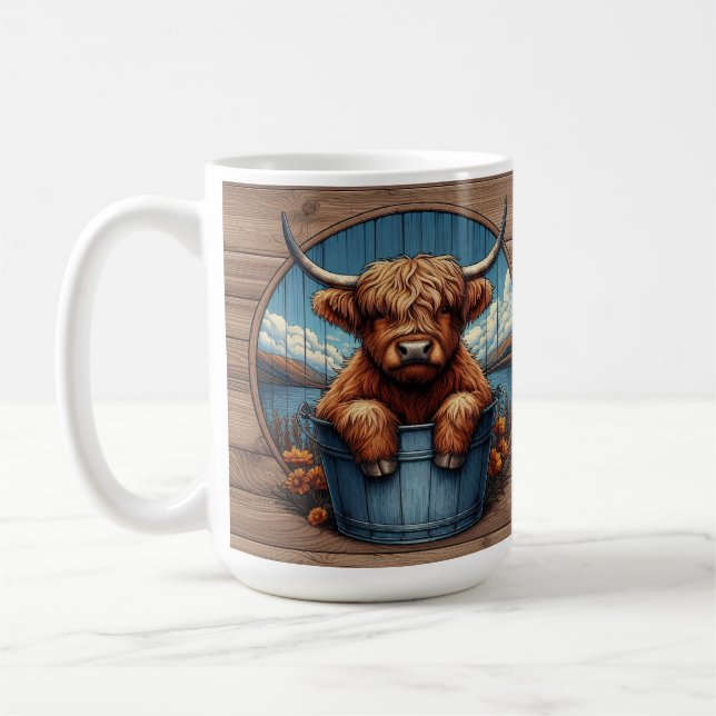 Highland Cow With Scenic Background Coffee Mug (Left)