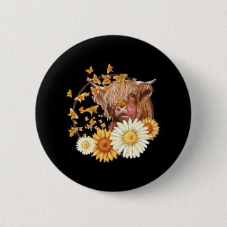 Highland Cow With Sunflower Daisies Butterflies 6 Cm Round Badge