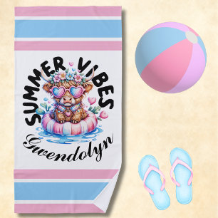 Highland Cow with Sunglasses Summer Vibes Monogram Beach Towel