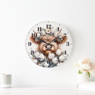 Highland cow with white tulips of wall clock