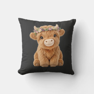 Highland Cow with Wildflower Crown Cushion