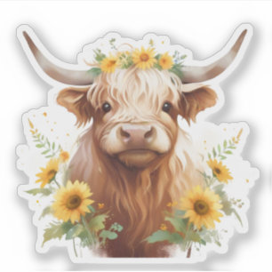 Highland Cow with Yellow Sunflower Flower Crown