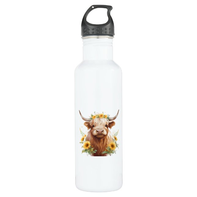 Highland Cow with Yellow Sunflower Flower Crown 710 Ml Water Bottle (Front)