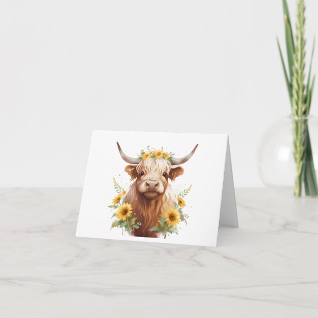 Highland Cow with Yellow Sunflower Flower Crown Card (Front)