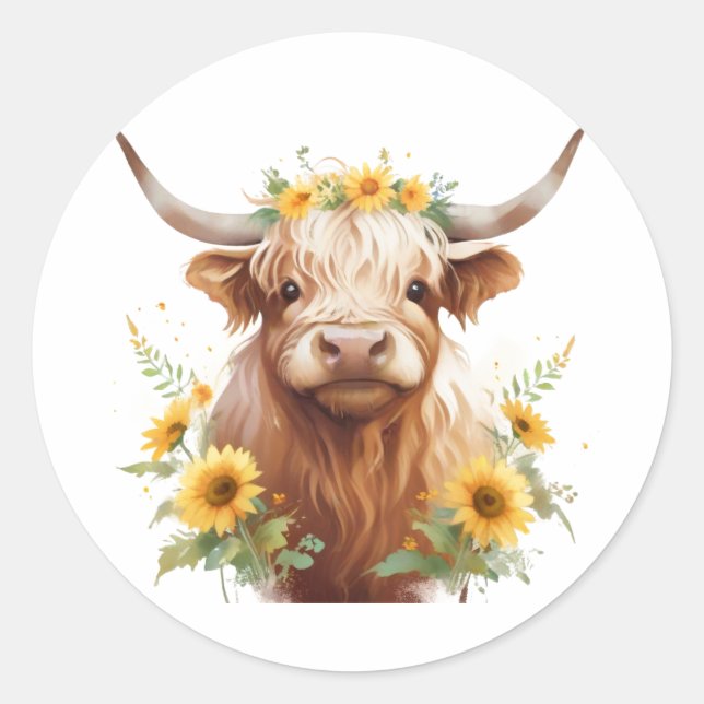 Highland Cow with Yellow Sunflower Flower Crown Classic Round Sticker (Front)