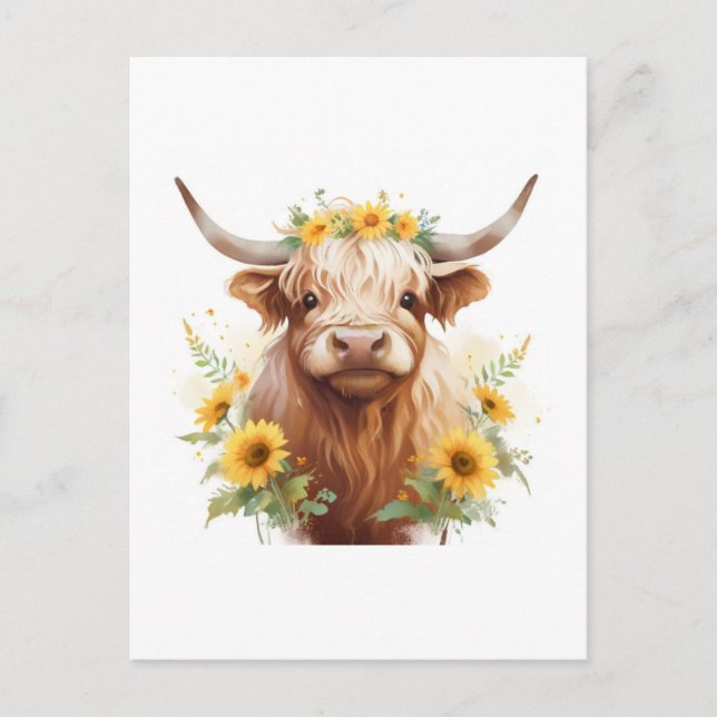Highland Cow with Yellow Sunflower Flower Crown Postcard (Front)