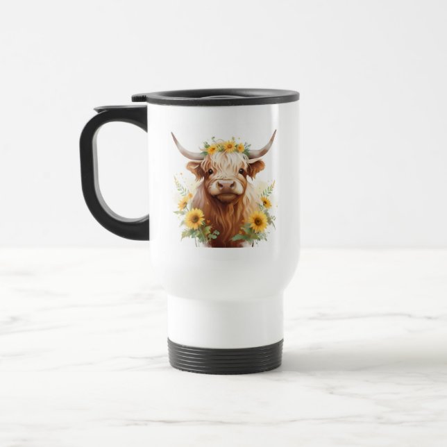 Highland Cow with Yellow Sunflower Flower Crown Travel Mug (Left)