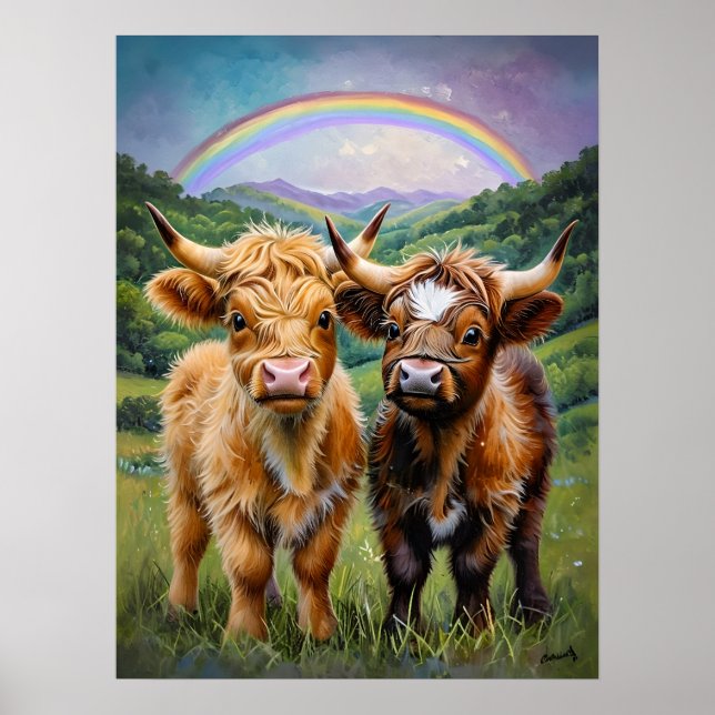 Highland Cows and Rainbow Nursery Art Poster (Front)