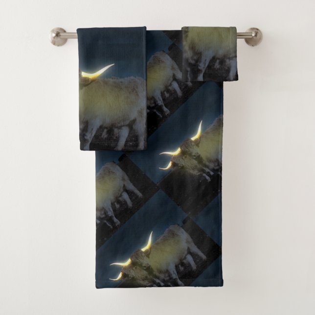 Highland Cows Glowing In The Dark, Bath Towel Set (Insitu)