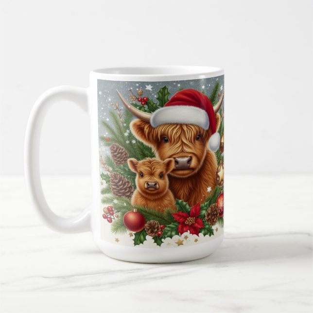 Highland Cows in Festive Christmas Wreath Coffee Mug (Left)
