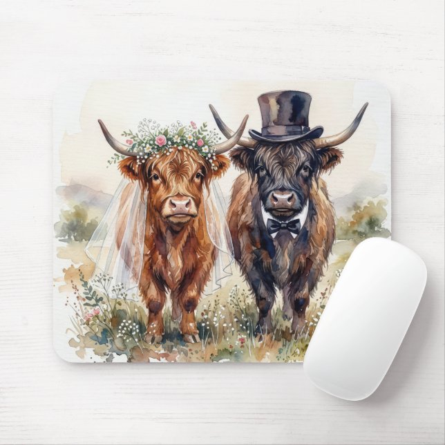 Highland Cows in Wedding Attire Mouse Mat (With Mouse)