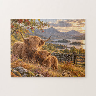 Highland Cows Sunset Countryside Lakeview Art Jigsaw Puzzle