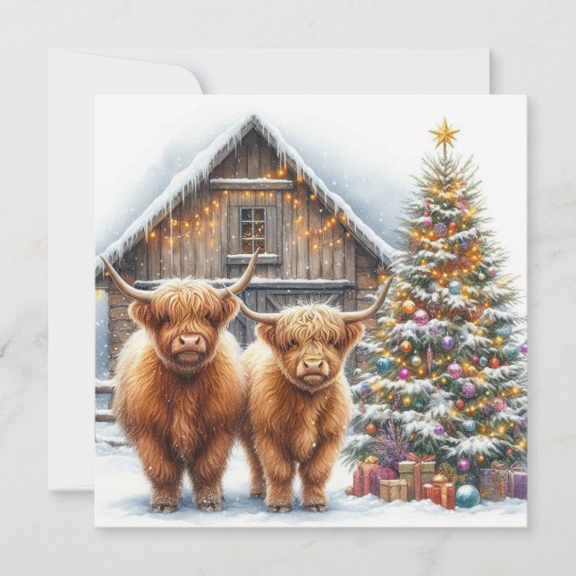 Highland cows, tree and a barn Christmas card (Front)