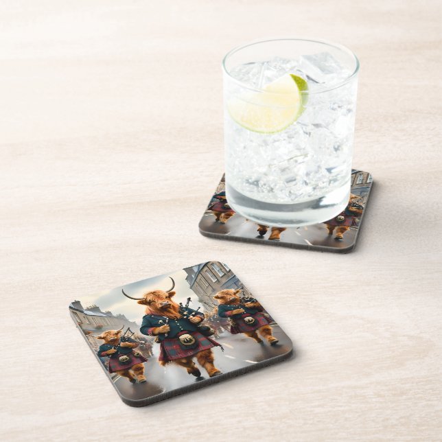 Highland Harmony:  Bagpipe Highland Cow Band  Coaster (Right Side)