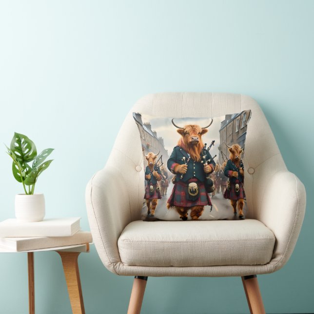 Highland Harmony:  Bagpipe Highland Cow Band  Cushion (Chair)