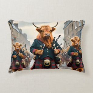 Highland Harmony: Bagpipe Highland Cow Band Decorative Cushion