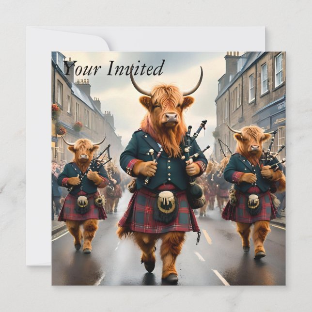 Highland Harmony:  Bagpipe Highland Cow Band  Invitation (Front)