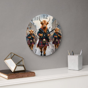 Highland Harmony:  Bagpipe Highland Cow Band  Large Clock