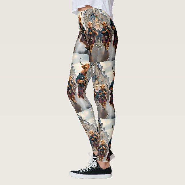Highland Harmony:  Bagpipe Highland Cow Band  Leggings (Left)