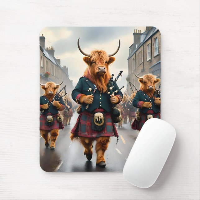 Highland Harmony:  Bagpipe Highland Cow Band  Mouse Mat (With Mouse)