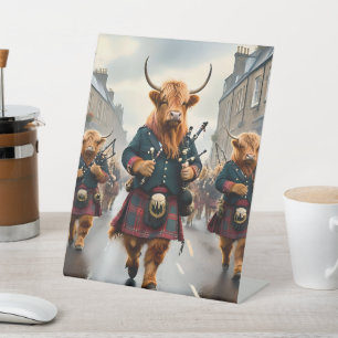 Highland Harmony:  Bagpipe Highland Cow Band  Pedestal Sign