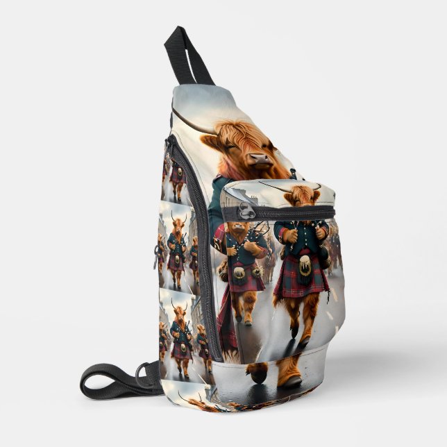 Highland Harmony:  Bagpipe Highland Cow Band  Sling Bag (Left Corner)
