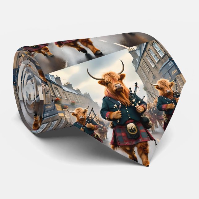 Highland Harmony:  Bagpipe Highland Cow Band  Tie (Rolled)