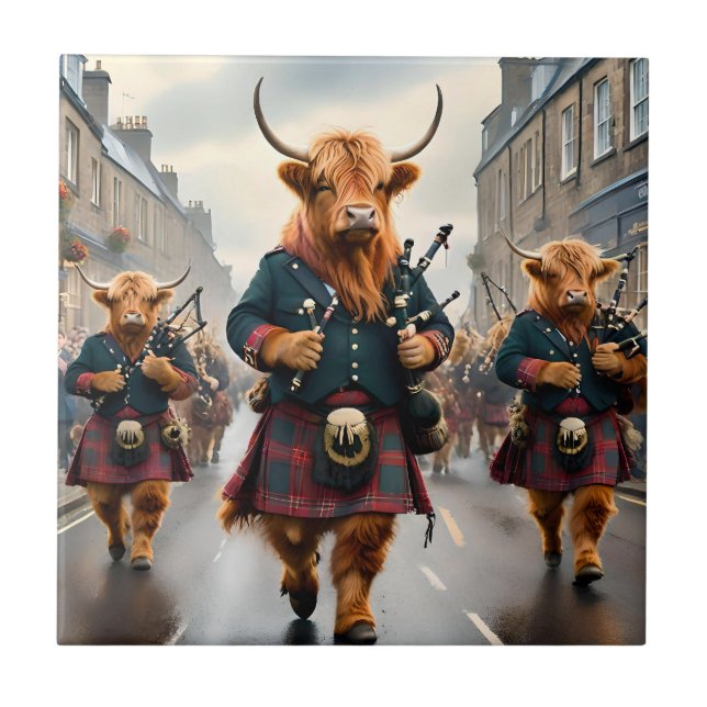 Highland Harmony:  Bagpipe Highland Cow Band  Tile (Front)