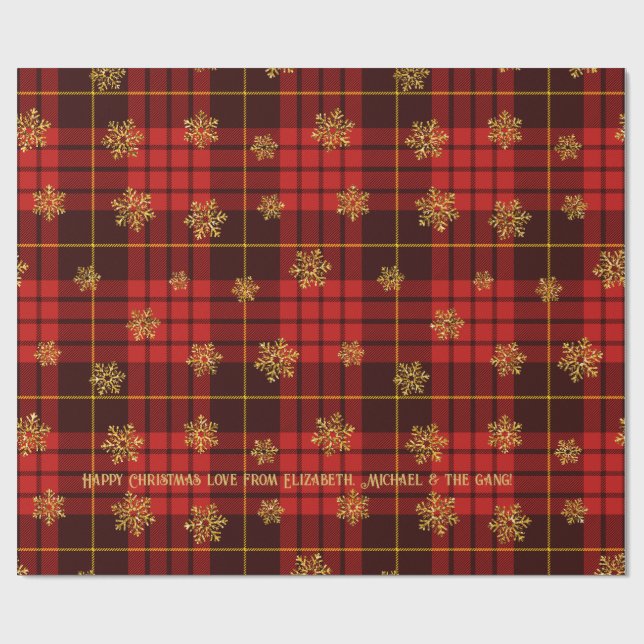 Highland Hearth Tartan Gold Snowflake Personalised Wrapping Paper (Flat)