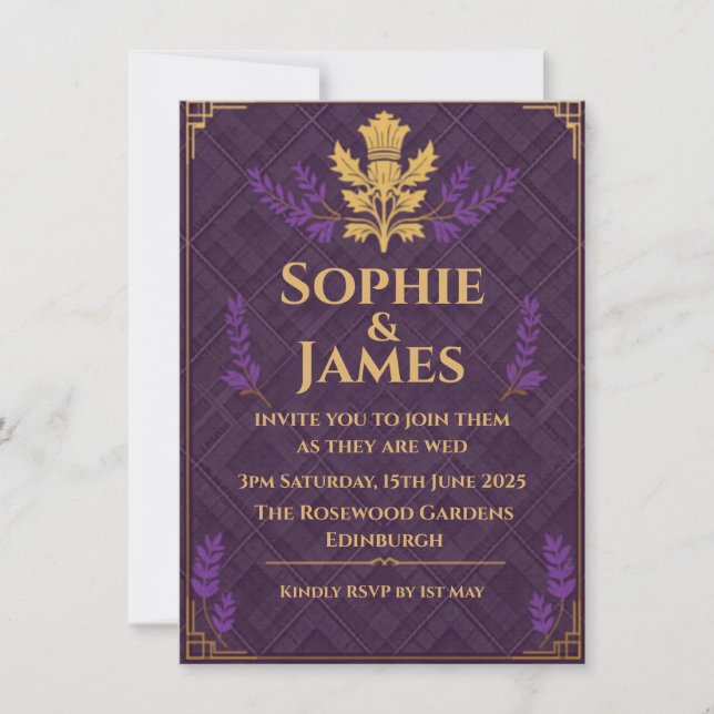 Highland Heather Purple & Gold Invitation (Front)