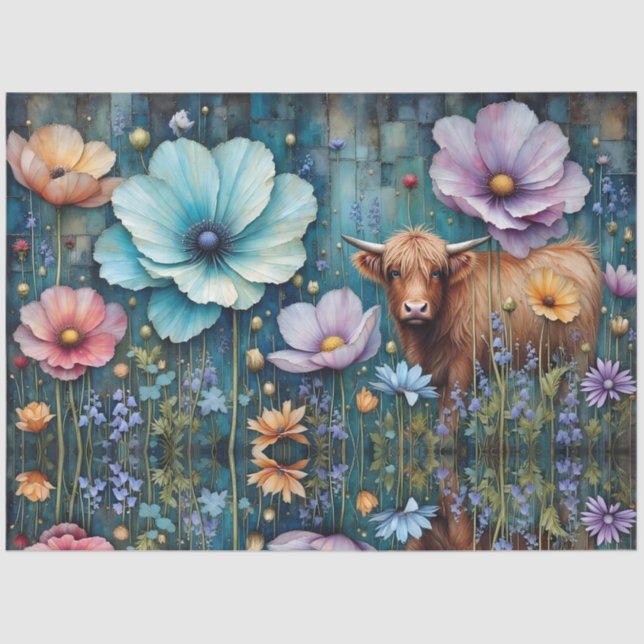 Highland heifer Floral Colourful Cosmos Tapestry Tissue Paper (Front)