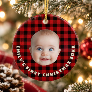Highland Lodge Buffalo Plaid Baby First Christmas Ceramic Tree Decoration