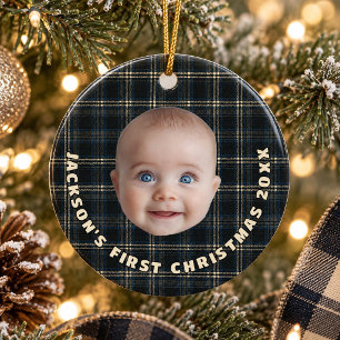 Highland Lodge Navy Plaid Baby First Christmas Ceramic Tree Decoration