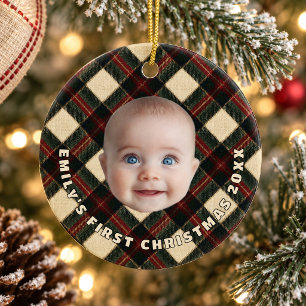 Highland Lodge Plaid Baby First Christmas Photo Ceramic Tree Decoration