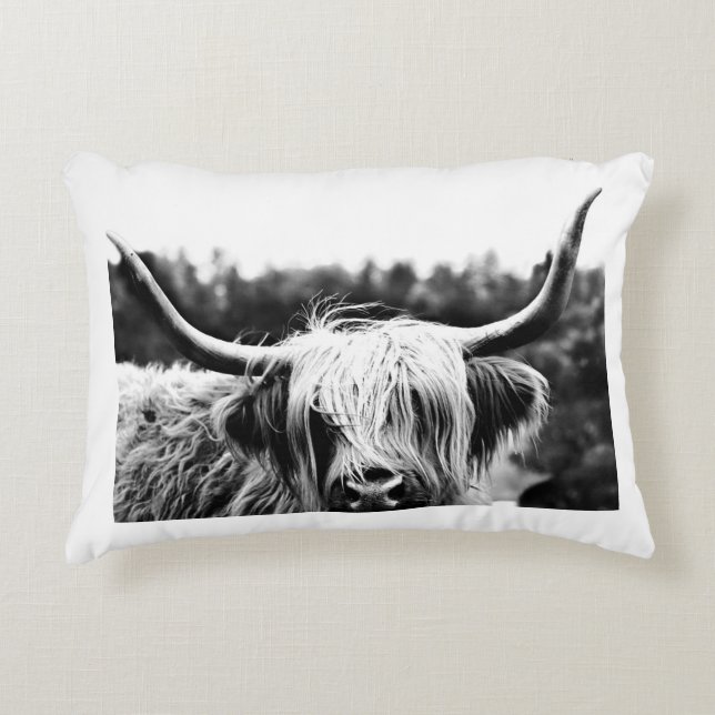 Highland Longhorn Cow Black and White Rustic Boho Decorative Cushion (Front)