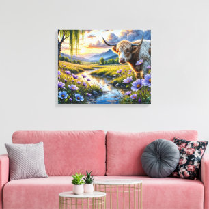 Highland/Longhorn cross Cow in Floral Landscape Canvas Print