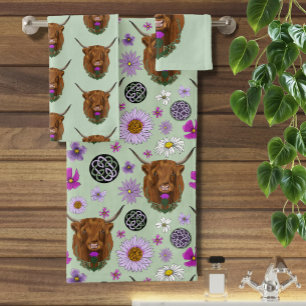Highland Scottish Cow Purple Celtic Thistle Bath Towel Set