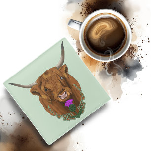 Highland Scottish Cow Purple Celtic Thistle Glass Coaster