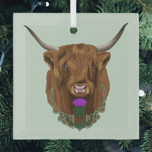Highland Scottish Cow Purple Celtic Thistle Glass Tree Decoration