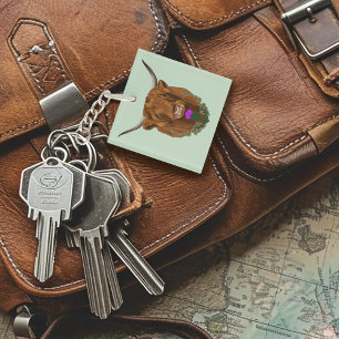 Highland Scottish Cow Purple Celtic Thistle Key Ring