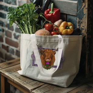 Highland Scottish Cow Purple Celtic Thistle Large Tote Bag