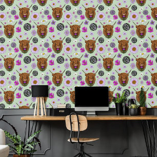 Highland Scottish Cow Purple Celtic Thistle Wallpaper